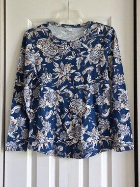 Chico's Long Sleeve Blue & Cream Floral Top Women's Size 1 (8/10 Medium)